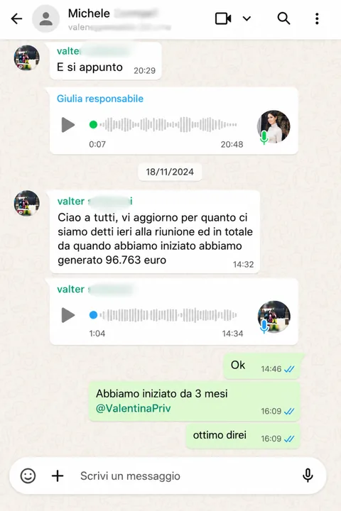 Conversazione WhatsApp con un partner: 96.763 euro generati nei primi 3 mesi di collaborazione.