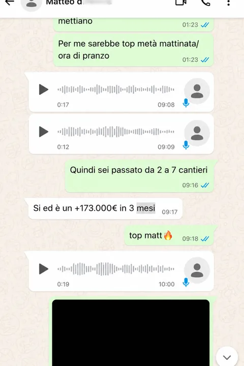 Conversazione WhatsApp con un partner: passaggio da 2 a 7 cantieri e 173.000 euro in 3 mesi.