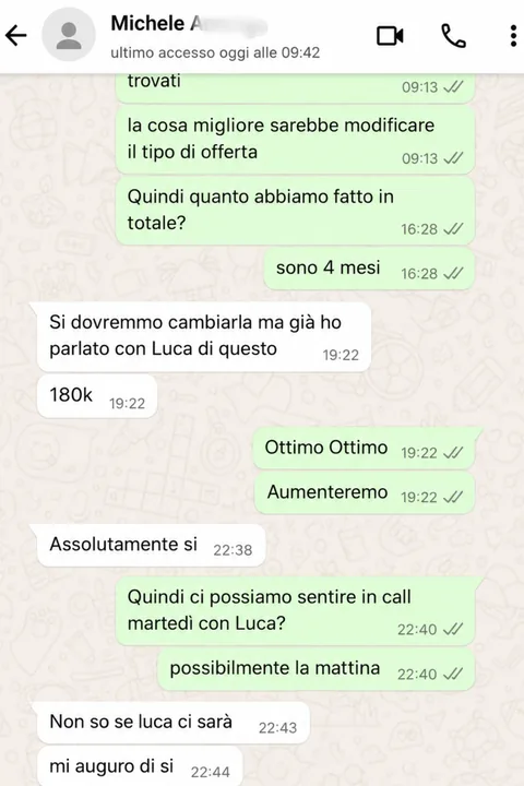 Conversazione WhatsApp con un partner: 180.000 euro di lavori generati in 4 mesi.