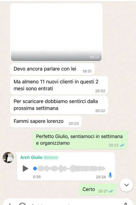 Conversazione WhatsApp con un partner: almeno 11 nuovi clienti acquisiti in 2 mesi.