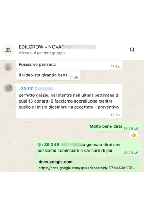 Conversazione WhatsApp con un partner: 13 contatti trasferiti, 6 sopralluoghi effettuati, 1 preventivo accettato.